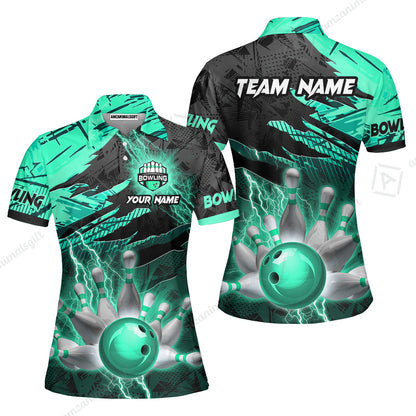 Customized Bowling Unisex Polo Shirt, Bowling And Pins Thunder Break Multicolor Option Customized Name And Team Name Zipper Polo Jerseys Shirts