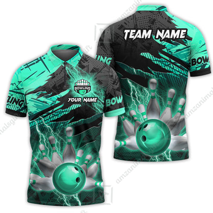 Customized Bowling Unisex Polo Shirt, Bowling And Pins Thunder Break Multicolor Option Customized Name And Team Name Zipper Polo Jerseys Shirts