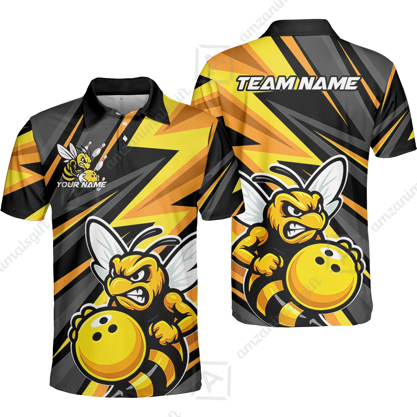 Custom Bowling Team Jersey, Bowling Angry Bee Yellow Strike  Polo Quarter-Zip Shirts, Bowling Uniforms Jerseys, Custom Name And Team Name