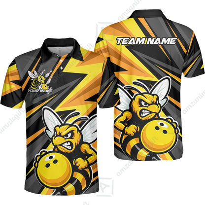 Custom Bowling Team Jersey, Bowling Angry Bee Yellow Strike  Polo Quarter-Zip Shirts, Bowling Uniforms Jerseys, Custom Name And Team Name