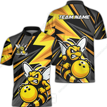 Custom Bowling Team Jersey, Bowling Angry Bee Yellow Strike  Polo Quarter-Zip Shirts, Bowling Uniforms Jerseys, Custom Name And Team Name