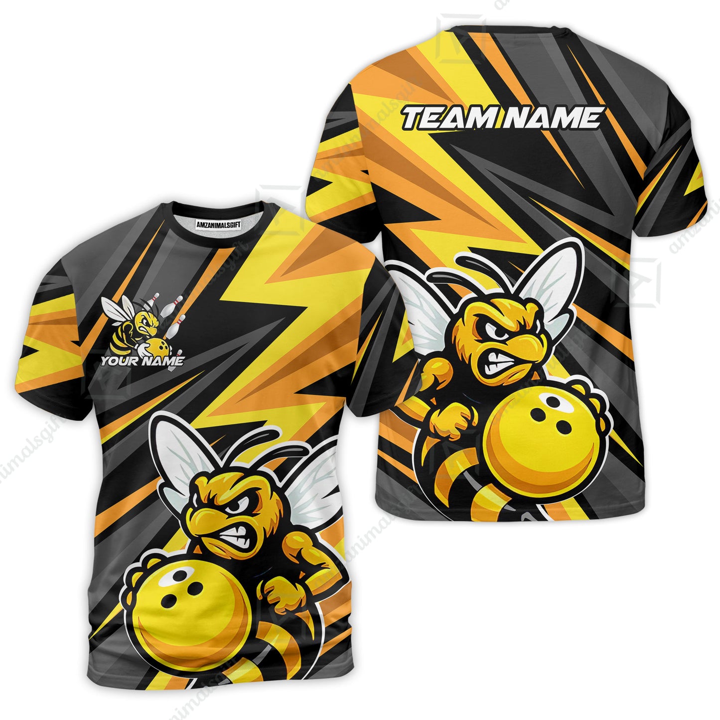 Custom Bowling Team Jersey, Bowling Angry Bee Yellow Strike  Polo Quarter-Zip Shirts, Bowling Uniforms Jerseys, Custom Name And Team Name