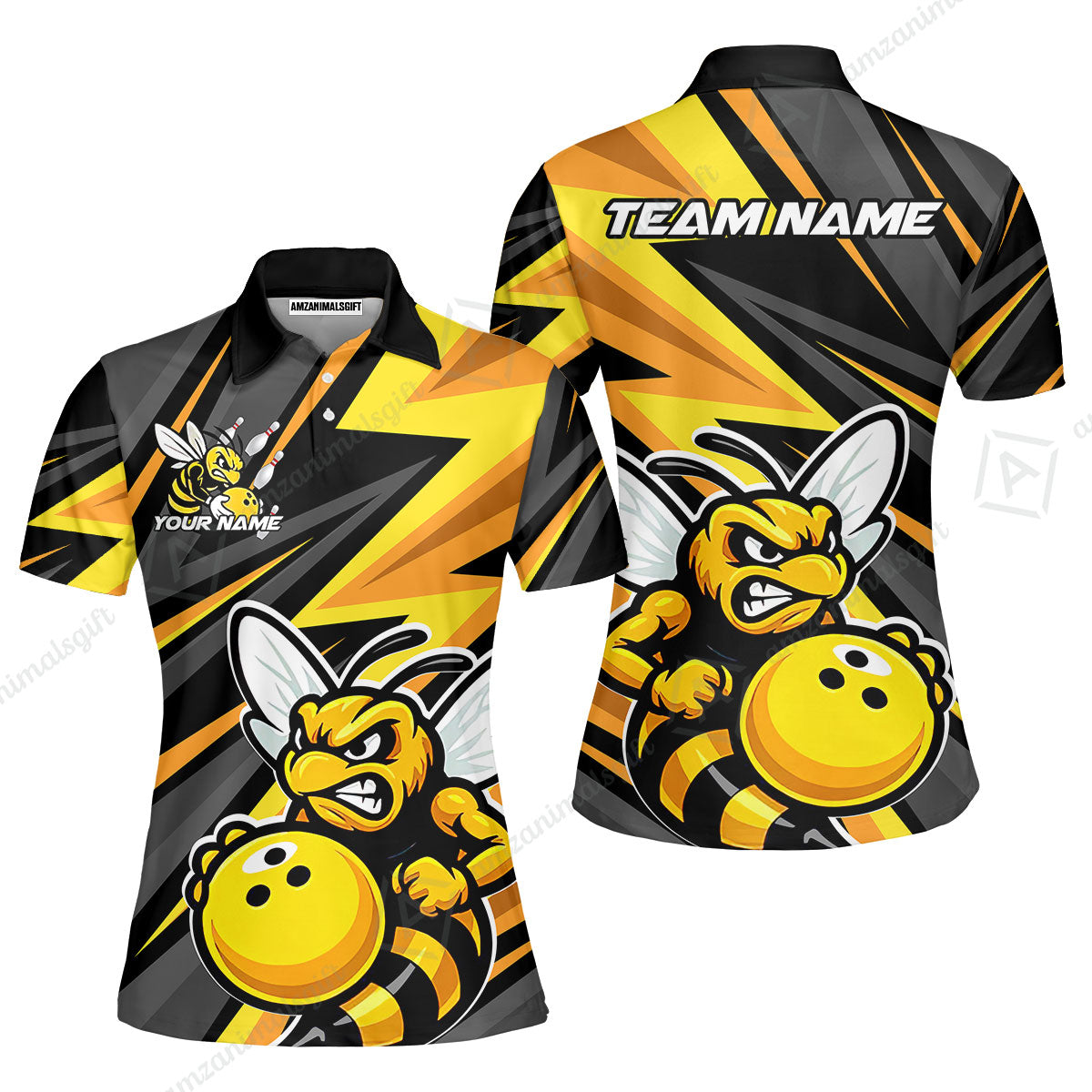 Custom Bowling Team Jersey, Bowling Angry Bee Yellow Strike  Polo Quarter-Zip Shirts, Bowling Uniforms Jerseys, Custom Name And Team Name