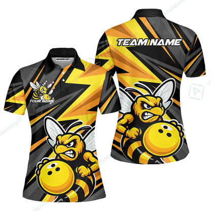 Custom Bowling Team Jersey, Bowling Angry Bee Yellow Strike  Polo Quarter-Zip Shirts, Bowling Uniforms Jerseys, Custom Name And Team Name