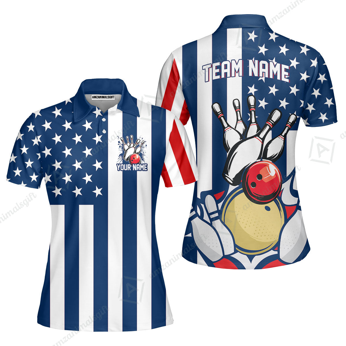 Customized American Flag Bowling Polo Shirt, Red White Blue Bowling Team Jerseys Polo Shirts, Bowling uniforms, Perfect Outfit For Bowlers