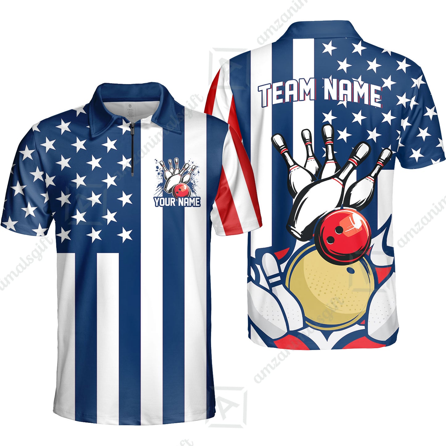 Customized American Flag Bowling Polo Shirt, Red White Blue Bowling Team Jerseys Polo Shirts, Bowling uniforms, Perfect Outfit For Bowlers