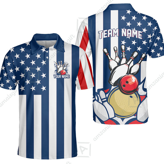 Customized American Flag Bowling Polo Shirt, Red White Blue Bowling Team Jerseys Polo Shirts, Bowling uniforms, Perfect Outfit For Bowlers