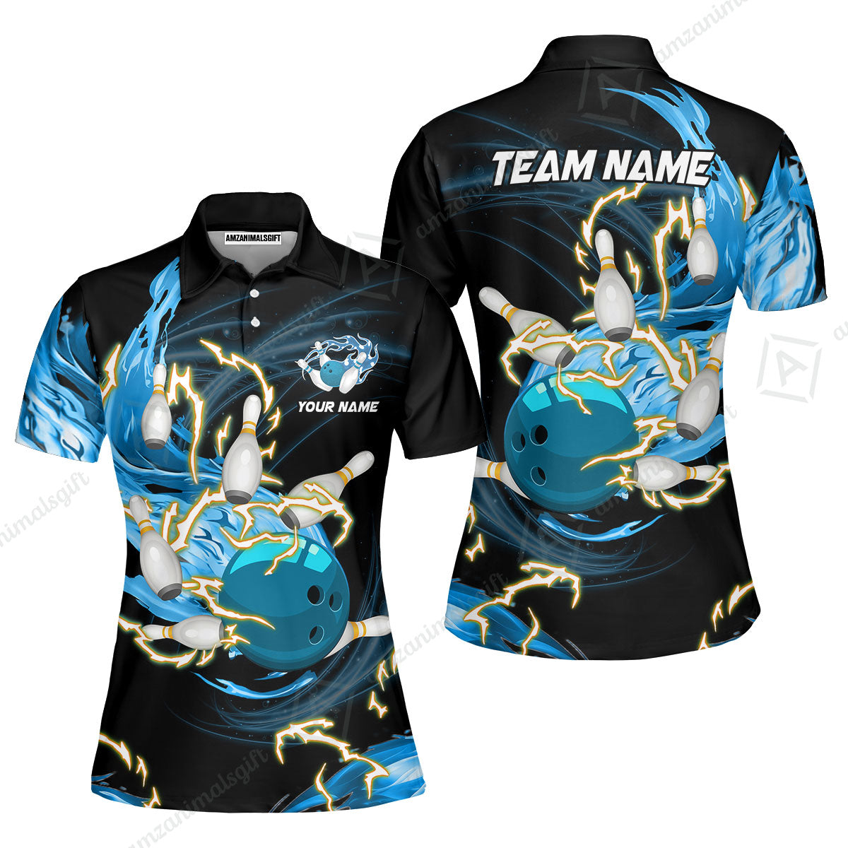 Customized Bowling Unisex Polo Shirt, Bowling Ball & Pins Breath Of Thunder Flame Multicolor Option Customized Name And Team Name For Bowling Team