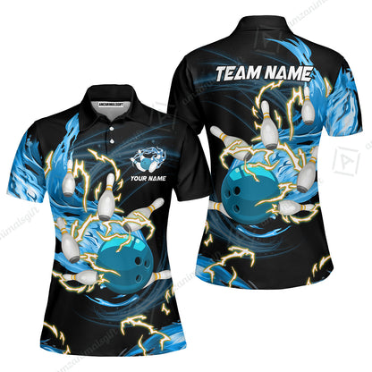 Customized Bowling Unisex Polo Shirt, Bowling Ball & Pins Breath Of Thunder Flame Multicolor Option Customized Name And Team Name For Bowling Team