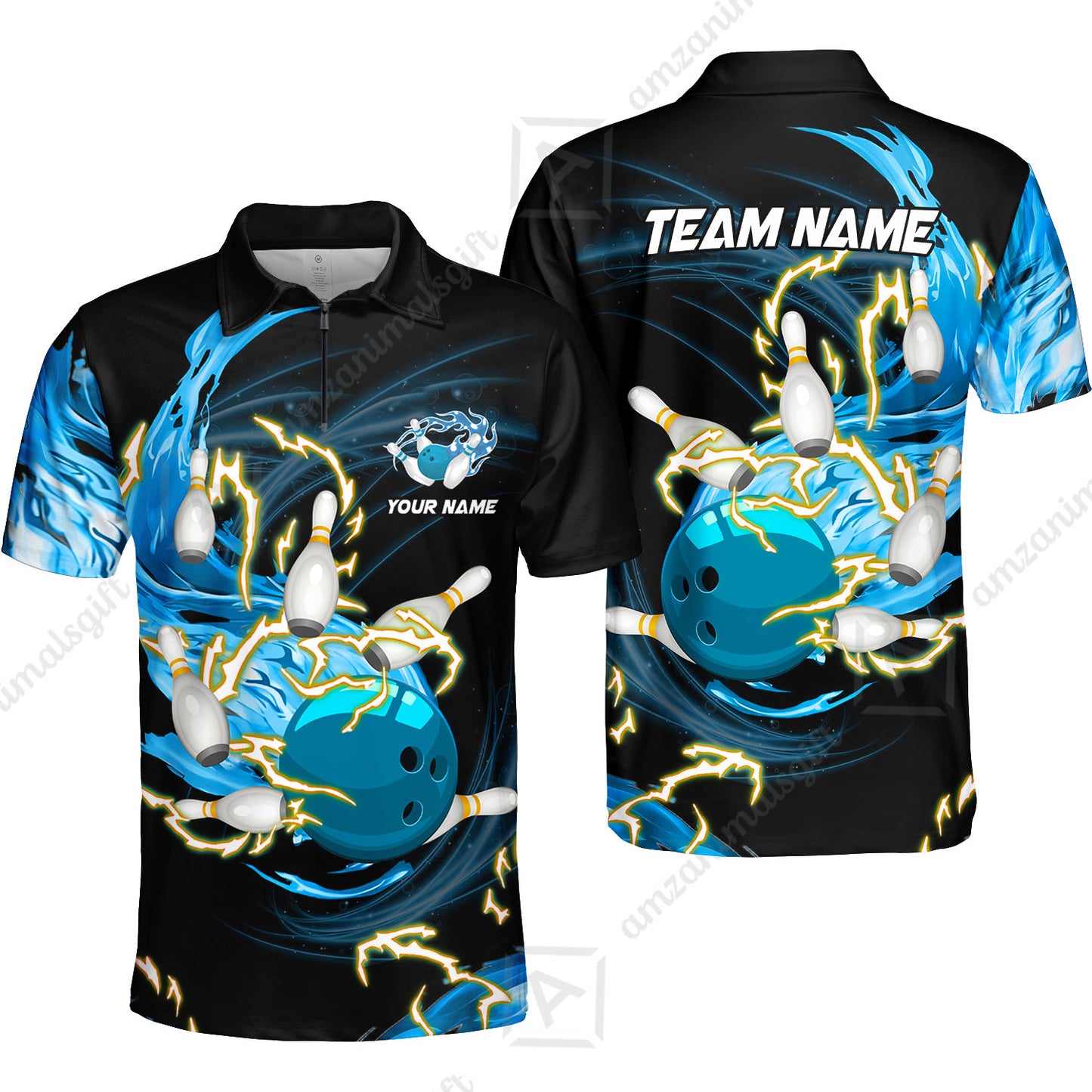 Customized Bowling Quarter-Zip Polo Shirts, Bowling Ball & Pins Breath Of Thunder Flame Multicolor Option, Perfect Outfit For Bowlers