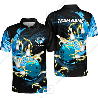 Customized Bowling Quarter-Zip Polo Shirts, Bowling Ball & Pins Breath Of Thunder Flame Multicolor Option, Perfect Outfit For Bowlers
