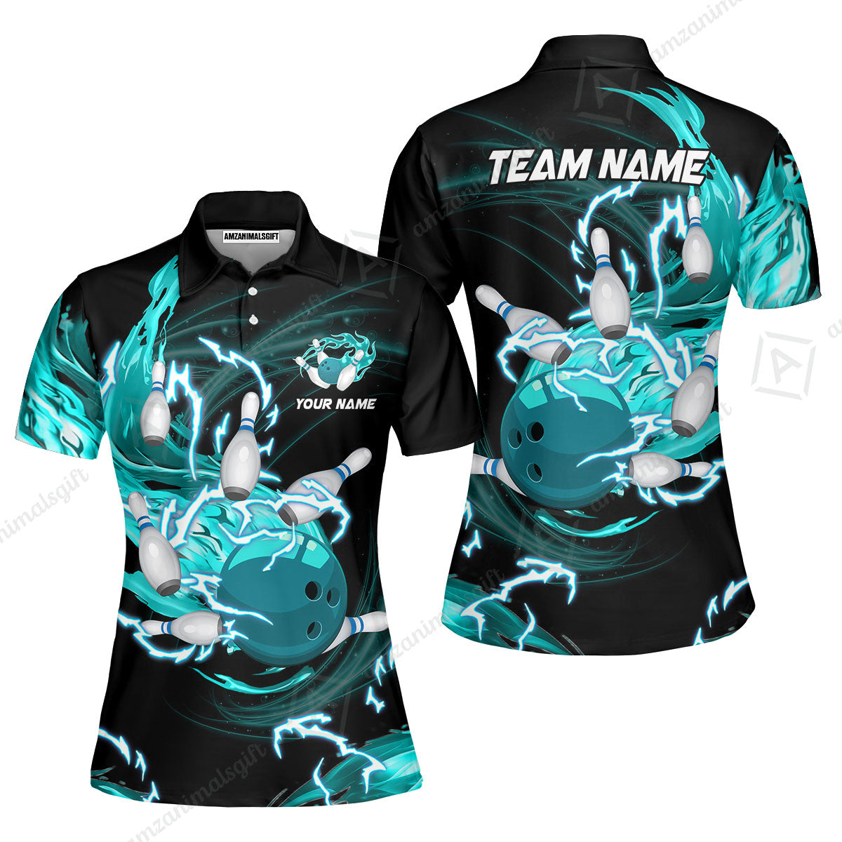 Customized Bowling Unisex Polo Shirt, Bowling Ball & Pins Breath Of Thunder Flame Multicolor Option Customized Name And Team Name For Bowling Team