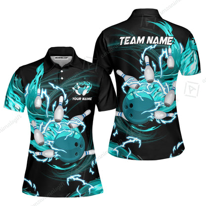 Customized Bowling Unisex Polo Shirt, Bowling Ball & Pins Breath Of Thunder Flame Multicolor Option Customized Name And Team Name For Bowling Team