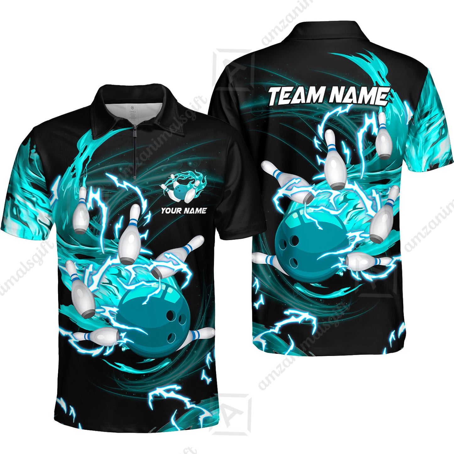 Customized Bowling Quarter-Zip Polo Shirts, Bowling Ball & Pins Breath Of Thunder Flame Multicolor Option, Perfect Outfit For Bowlers