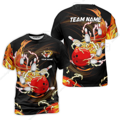 Customized Bowling Unisex Polo Shirt, Bowling Ball & Pins Breath Of Thunder Flame Multicolor Option Customized Name And Team Name For Bowling Team
