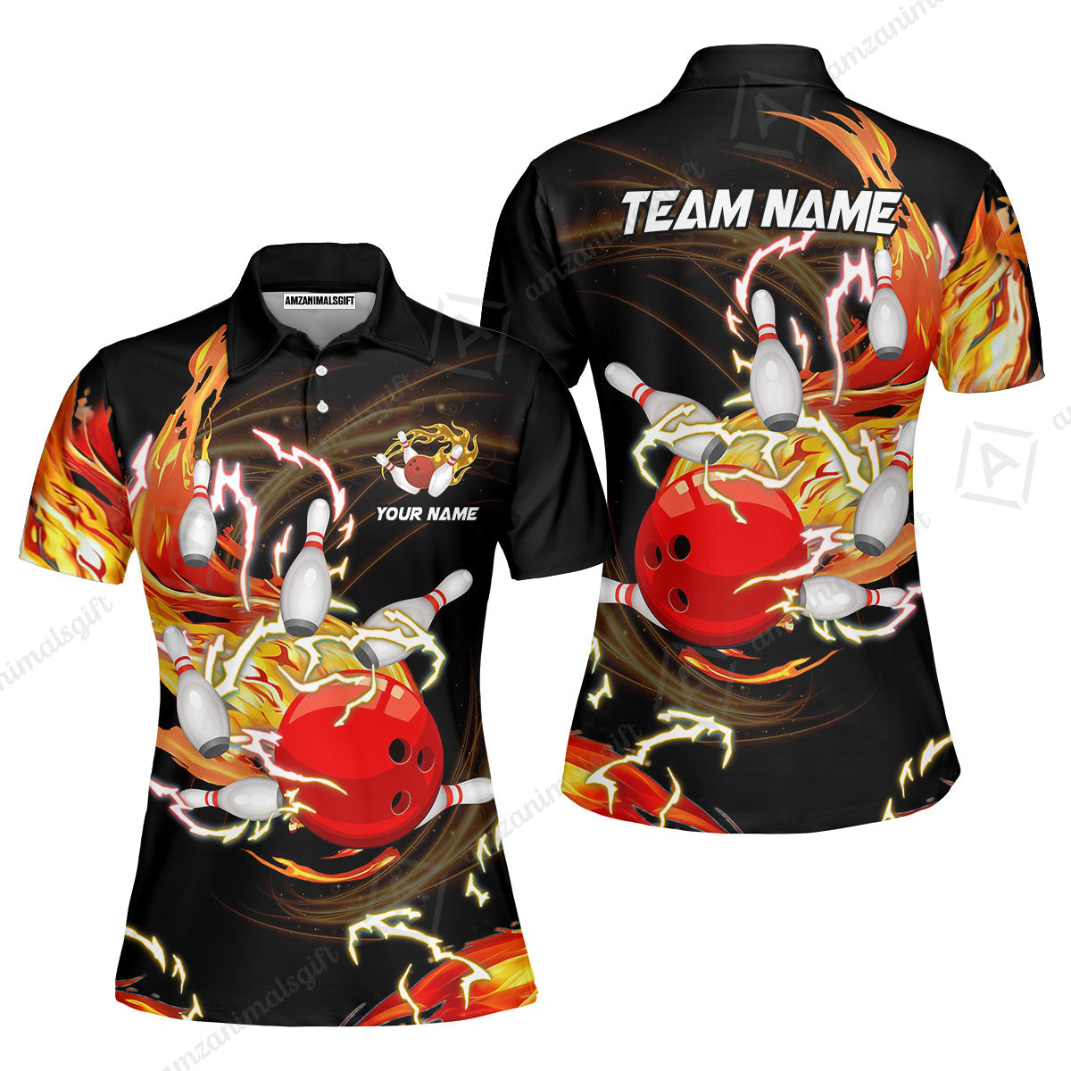 Customized Bowling Unisex Polo Shirt, Bowling Ball & Pins Breath Of Thunder Flame Multicolor Option Customized Name And Team Name For Bowling Team