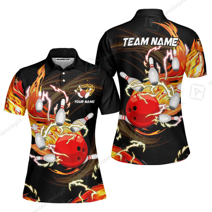 Customized Bowling Unisex Polo Shirt, Bowling Ball & Pins Breath Of Thunder Flame Multicolor Option Customized Name And Team Name For Bowling Team