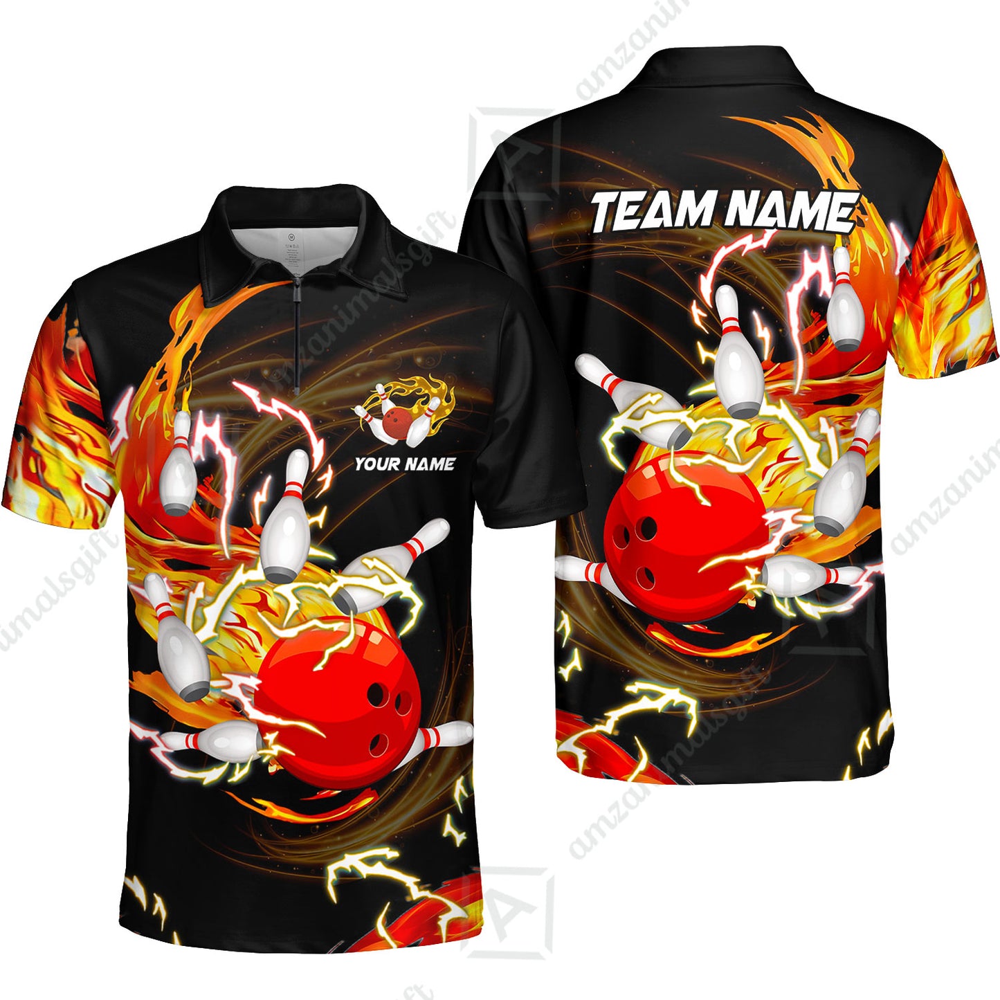 Customized Bowling Quarter-Zip Polo Shirts, Bowling Ball & Pins Breath Of Thunder Flame Multicolor Option, Perfect Outfit For Bowlers