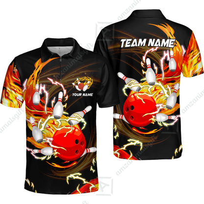 Customized Bowling Quarter-Zip Polo Shirts, Bowling Ball & Pins Breath Of Thunder Flame Multicolor Option, Perfect Outfit For Bowlers