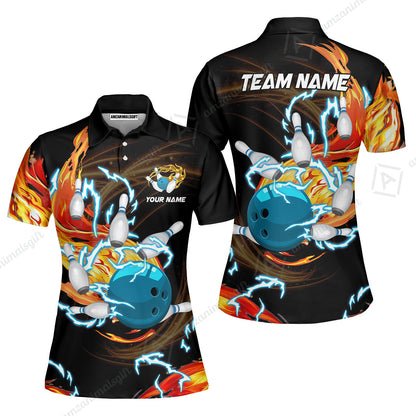 Customized Bowling Unisex Polo Shirt, Bowling Ball & Pins Breath Of Thunder Flame Multicolor Option Customized Name And Team Name For Bowling Team