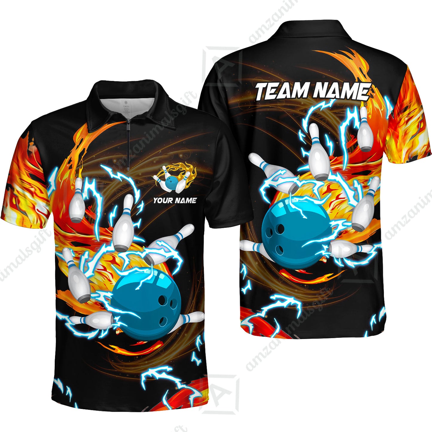 Customized Bowling Quarter-Zip Polo Shirts, Bowling Ball & Pins Breath Of Thunder Flame Multicolor Option, Perfect Outfit For Bowlers