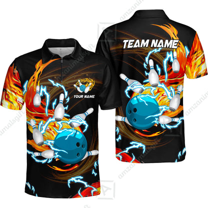 Customized Bowling Quarter-Zip Polo Shirts, Bowling Ball & Pins Breath Of Thunder Flame Multicolor Option, Perfect Outfit For Bowlers