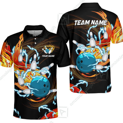 Customized Bowling Unisex Polo Shirt, Bowling Ball & Pins Breath Of Thunder Flame Multicolor Option Customized Name And Team Name For Bowling Team