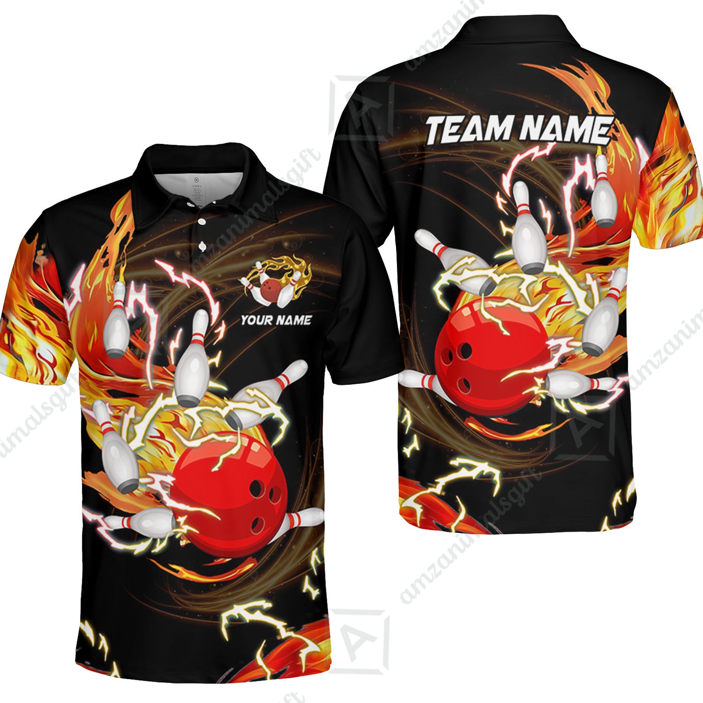 Customized Bowling Unisex Polo Shirt, Bowling Ball & Pins Breath Of Thunder Flame Multicolor Option Customized Name And Team Name For Bowling Team