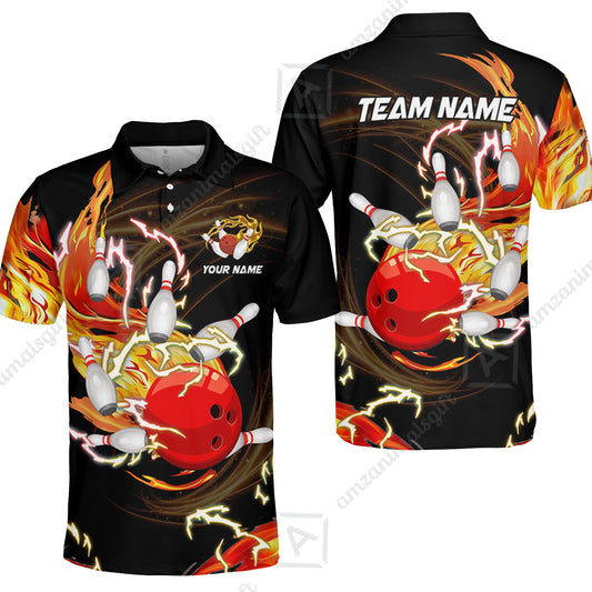 Customized Bowling Unisex Polo Shirt, Bowling Ball & Pins Breath Of Thunder Flame Multicolor Option Customized Name And Team Name For Bowling Team