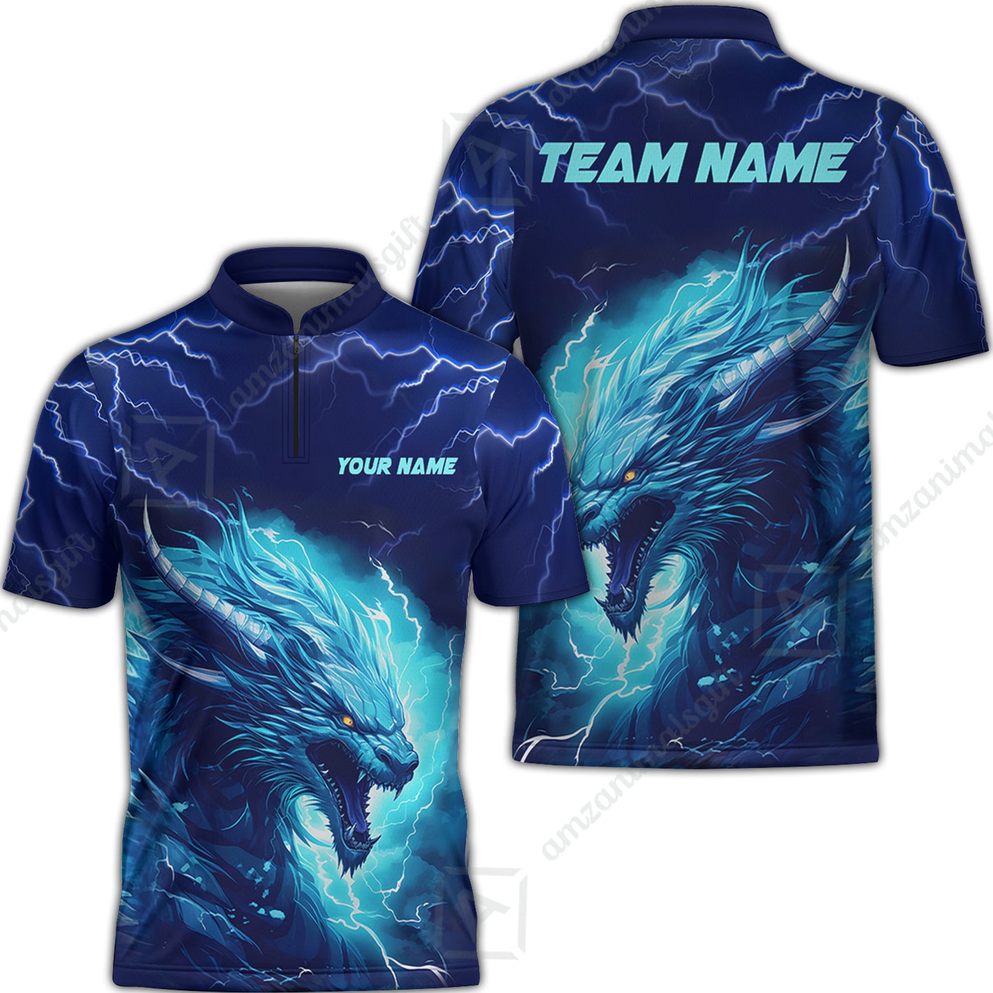 Bowling Customized Jersey Shirt Navy Blue Lightning Thunder Dragon Quarter Zip Bowling Shirt For Bowlers, Bowling Team