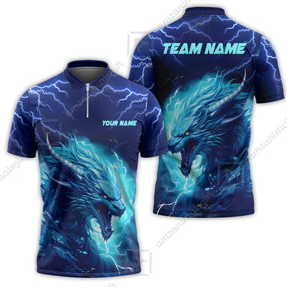 Bowling Customized Jersey Shirt Navy Blue Lightning Thunder Dragon Quarter Zip Bowling Shirt For Bowlers, Bowling Team