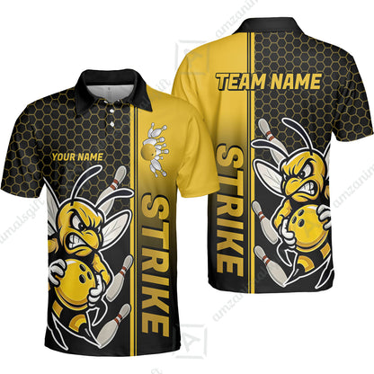 Custom Bowling Team Jersey, Bowling Honeycomb Angry Bee Strike Polo Quarter-Zip Shirts, Bowling Uniforms Jerseys, Personalized Name And Team Name