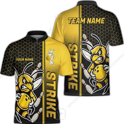 Custom Bowling Team Jersey, Bowling Honeycomb Angry Bee Strike Polo Quarter-Zip Shirts, Bowling Uniforms Jerseys, Personalized Name And Team Name