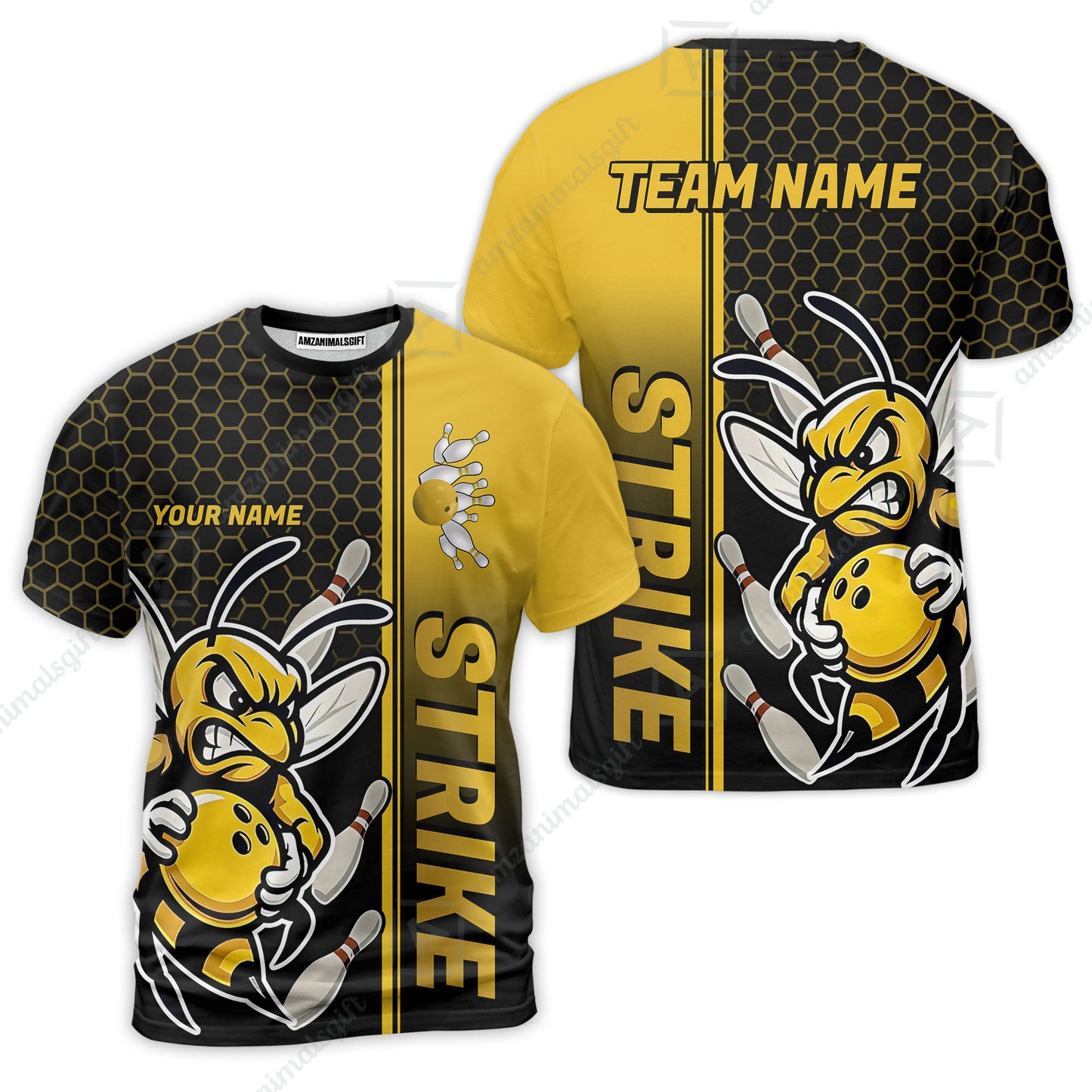 Custom Bowling Team Jersey, Bowling Honeycomb Angry Bee Strike Polo Quarter-Zip Shirts, Bowling Uniforms Jerseys, Personalized Name And Team Name
