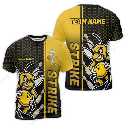 Custom Bowling Team Jersey, Bowling Honeycomb Angry Bee Strike Polo Quarter-Zip Shirts, Bowling Uniforms Jerseys, Personalized Name And Team Name