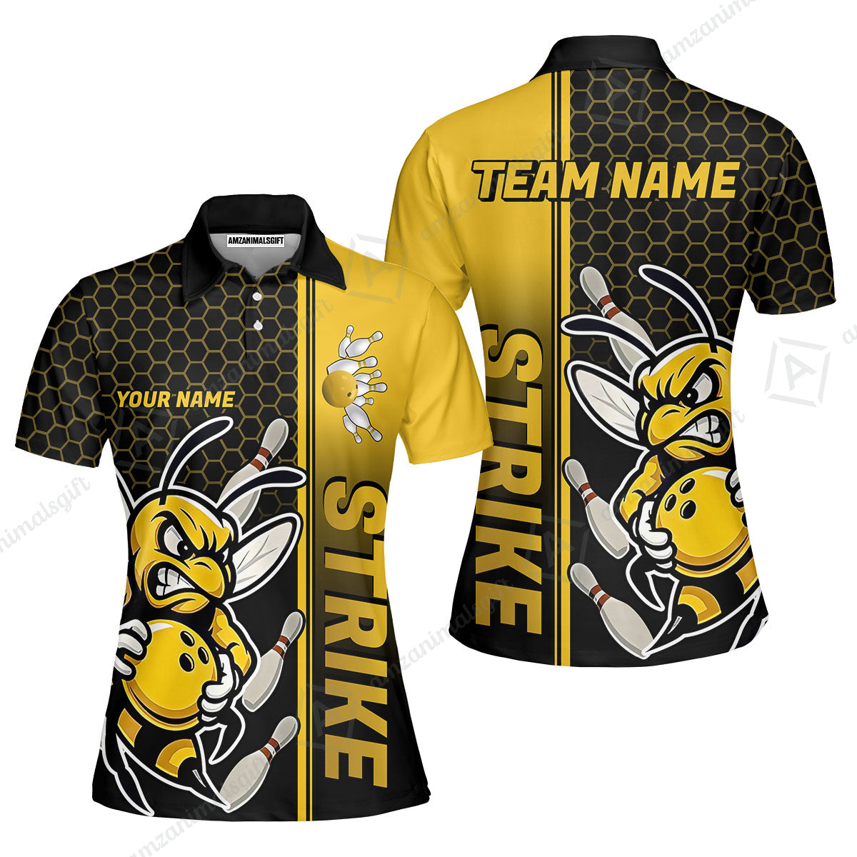Custom Bowling Team Jersey, Bowling Honeycomb Angry Bee Strike Polo Quarter-Zip Shirts, Bowling Uniforms Jerseys, Personalized Name And Team Name