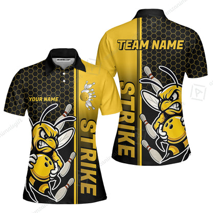Custom Bowling Team Jersey, Bowling Honeycomb Angry Bee Strike Polo Quarter-Zip Shirts, Bowling Uniforms Jerseys, Personalized Name And Team Name