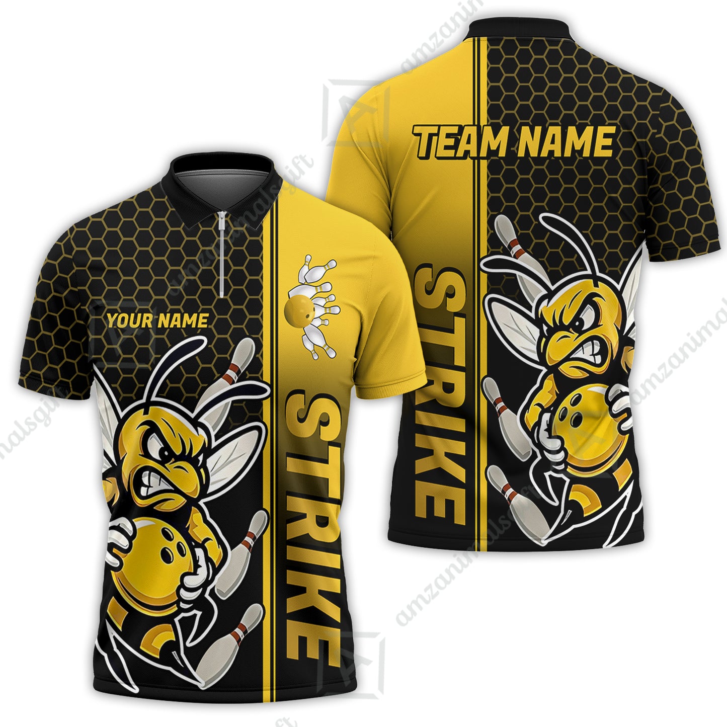 Custom Bowling Team Jersey, Bowling Honeycomb Angry Bee Strike Polo Quarter-Zip Shirts, Bowling Uniforms Jerseys, Personalized Name And Team Name