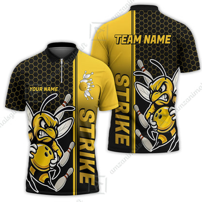 Custom Bowling Team Jersey, Bowling Honeycomb Angry Bee Strike Polo Quarter-Zip Shirts, Bowling Uniforms Jerseys, Personalized Name And Team Name