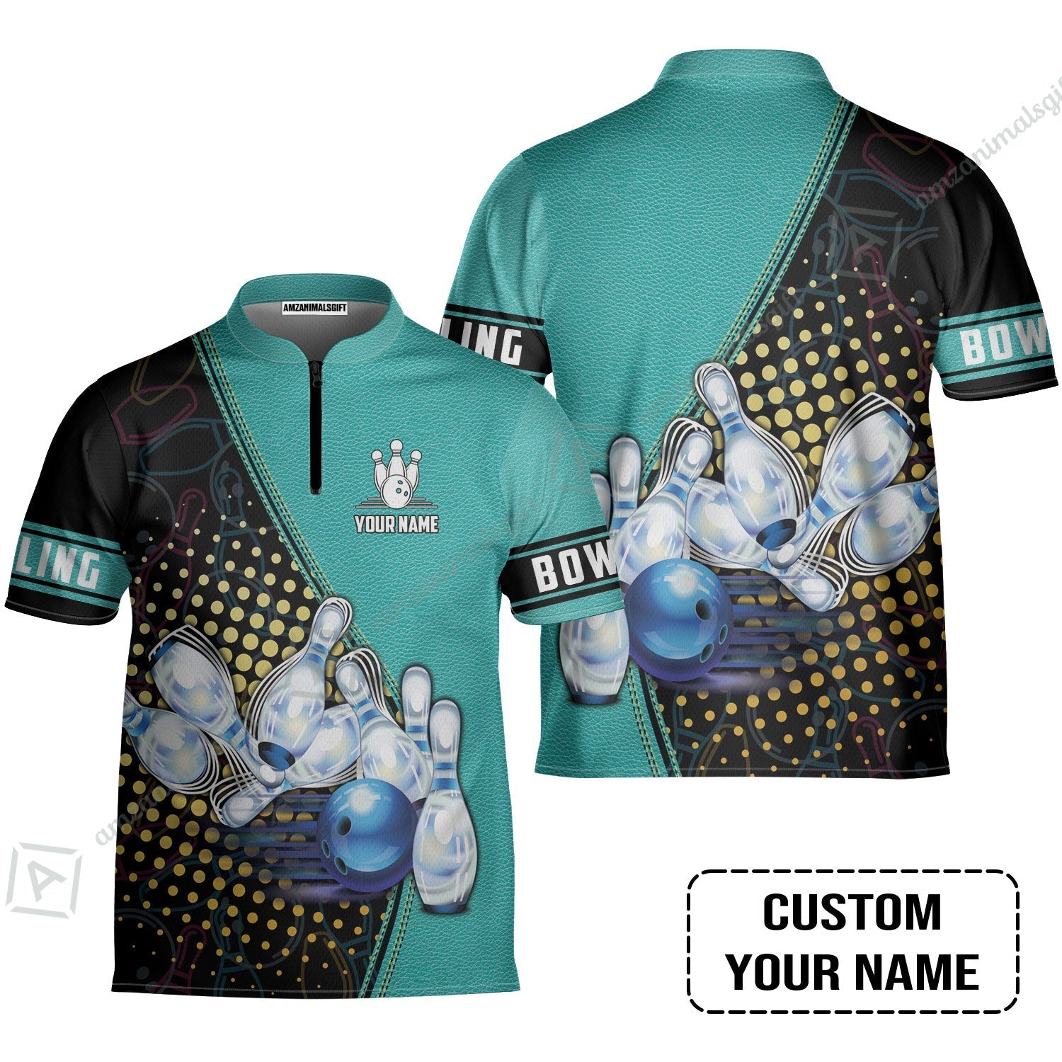 Custom Bowling Jersey - Black And Blue Bowling Ball Pattern Personalized Name Bowling Jersey