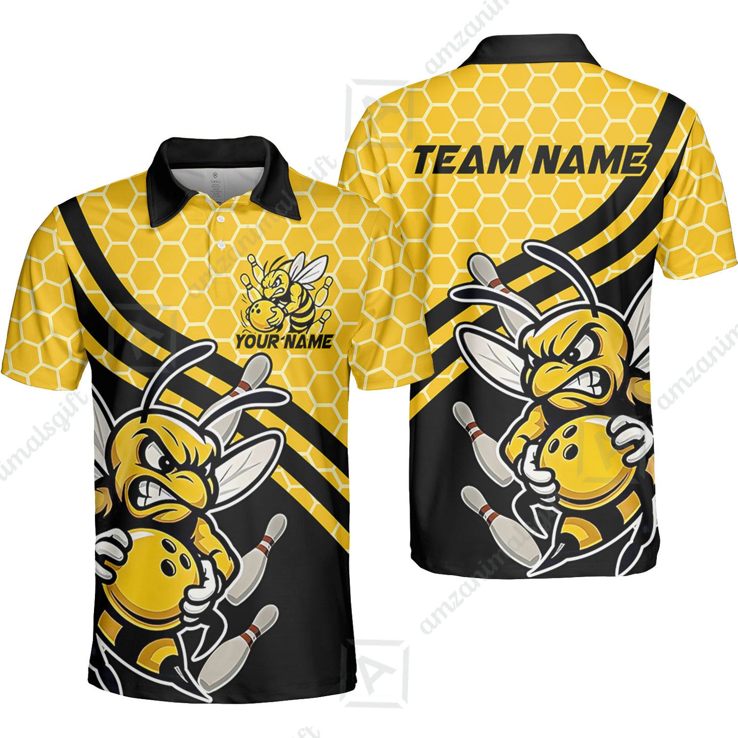 Custom Bowling Team Jersey, Bowling Yellow Bee Hive Strike Polo Quarter-Zip Shirts, Bowling Uniforms Jerseys, Personalized Name And Team Name