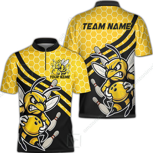 Custom Bowling Team Jersey, Bowling Yellow Bee Hive Strike Polo Quarter-Zip Shirts, Bowling Uniforms Jerseys, Personalized Name And Team Name