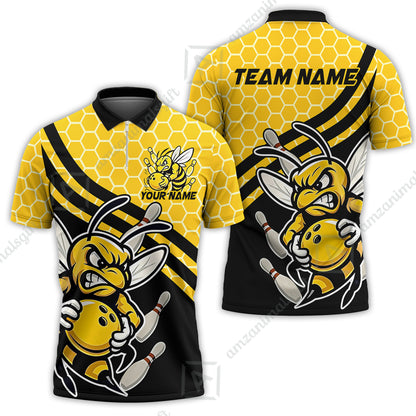 Custom Bowling Team Jersey, Bowling Yellow Bee Hive Strike Polo Quarter-Zip Shirts, Bowling Uniforms Jerseys, Personalized Name And Team Name