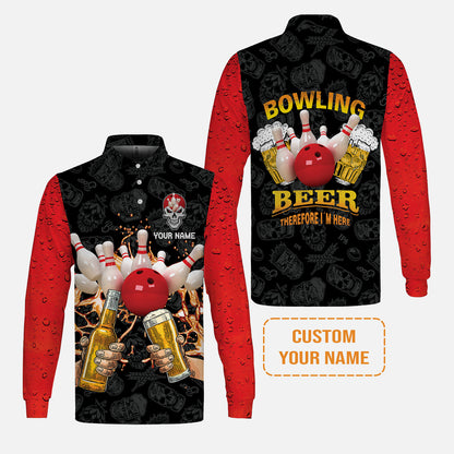 Bowling T-shirt Custom Name, Bowling and Beer Black Red Therefore I'm Here Personalized T-shirt, Gift For Friend, Bowling Lovers