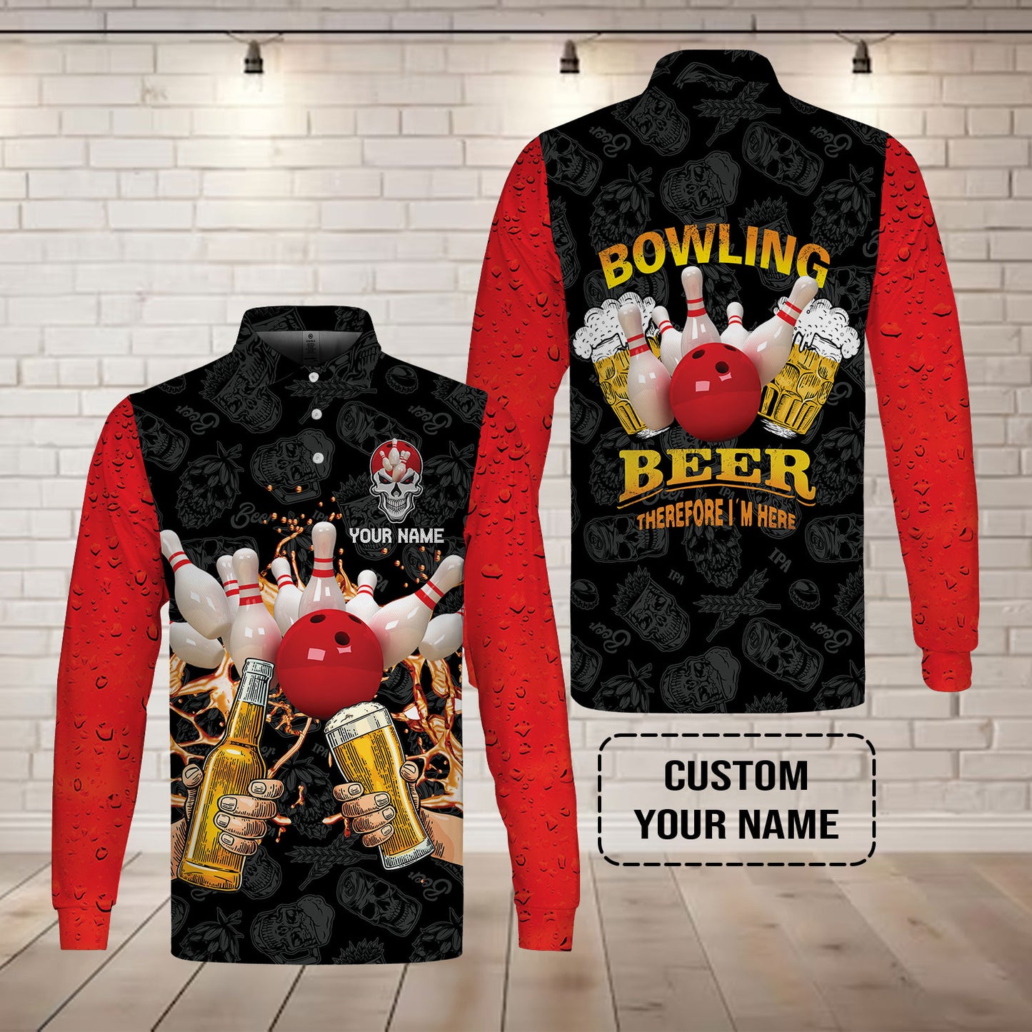 Bowling T-shirt Custom Name, Bowling and Beer Black Red Therefore I'm Here Personalized T-shirt, Gift For Friend, Bowling Lovers