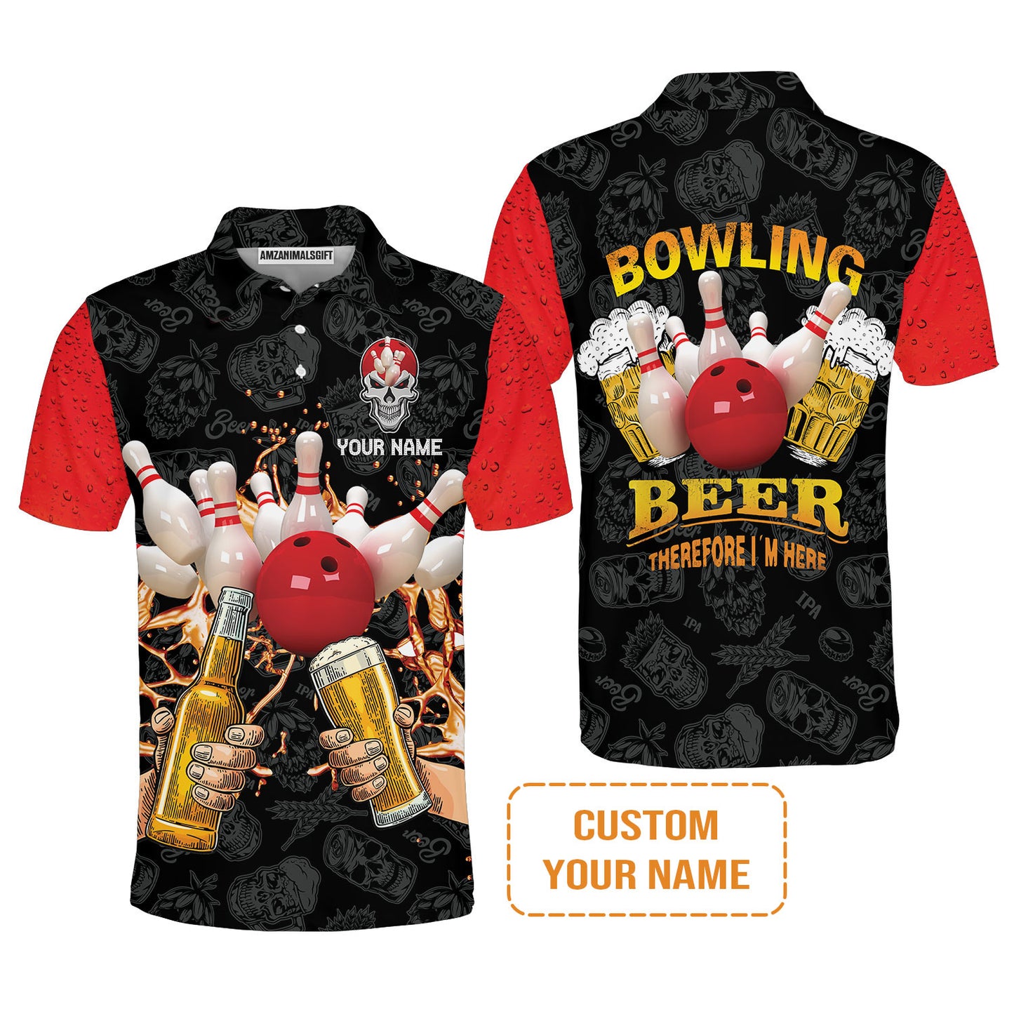 Bowling T-shirt Custom Name, Bowling and Beer Black Red Therefore I'm Here Personalized T-shirt, Gift For Friend, Bowling Lovers