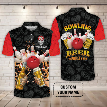 Bowling T-shirt Custom Name, Bowling and Beer Black Red Therefore I'm Here Personalized T-shirt, Gift For Friend, Bowling Lovers