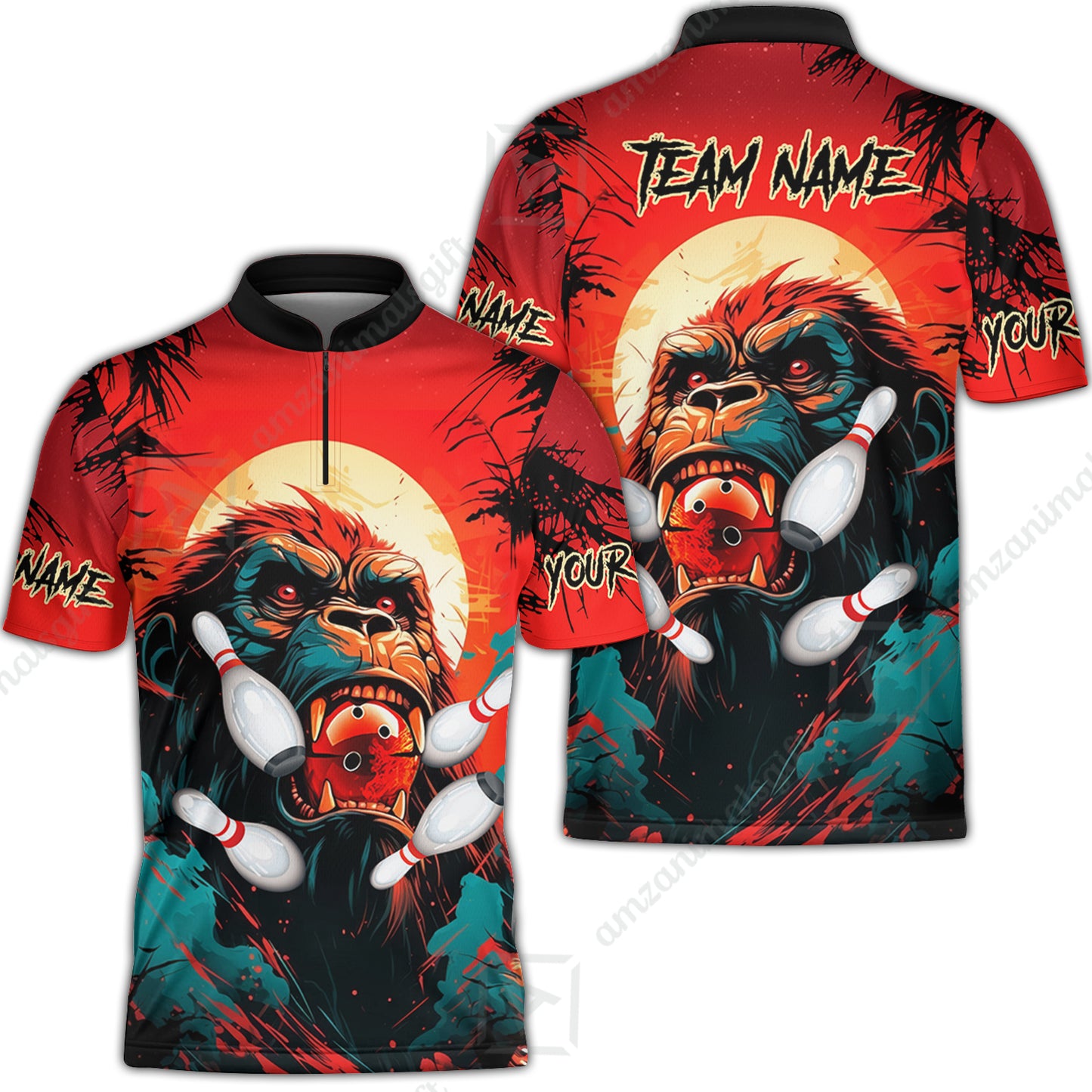 Custom Bowling Team Jerseys Polo Shirts, Bowling uniforms Godzilla KingKong Pattern Personalized Name And Team Name