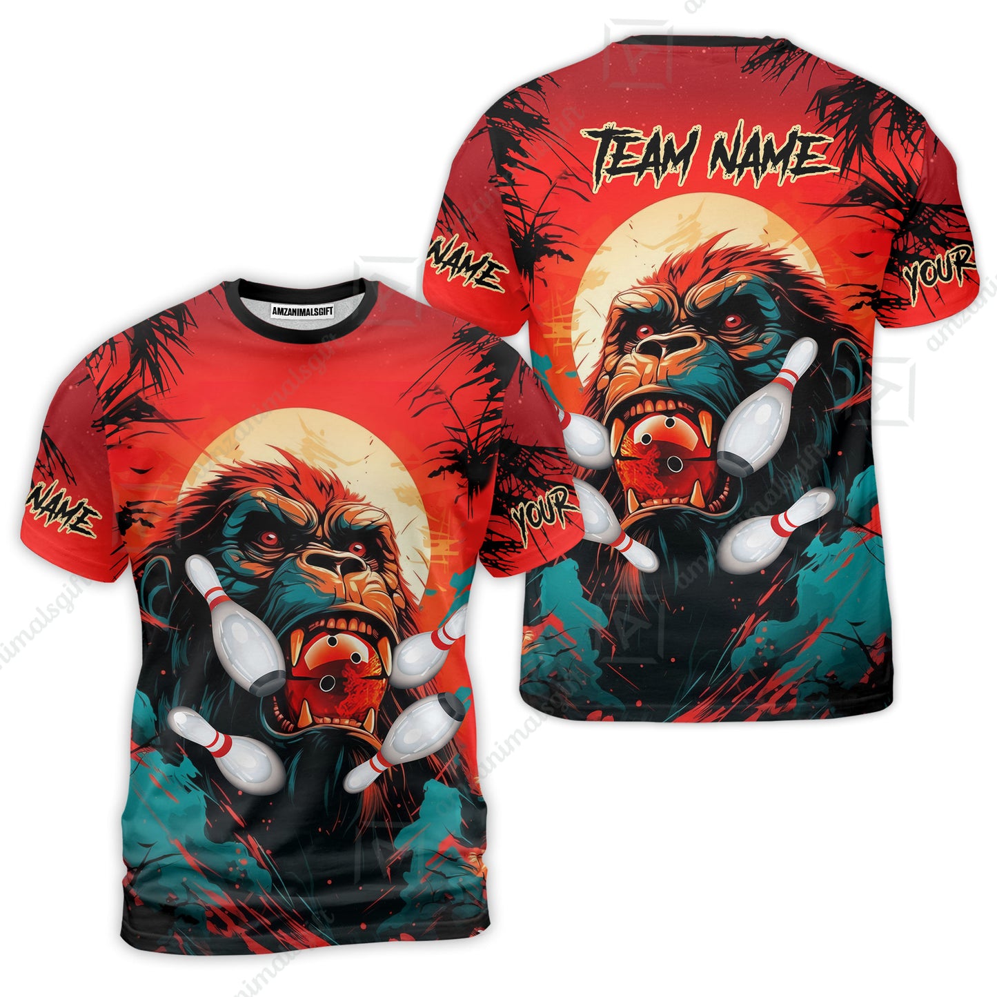 Custom Bowling Team Jerseys Polo Shirts, Bowling uniforms Godzilla KingKong Pattern Personalized Name And Team Name