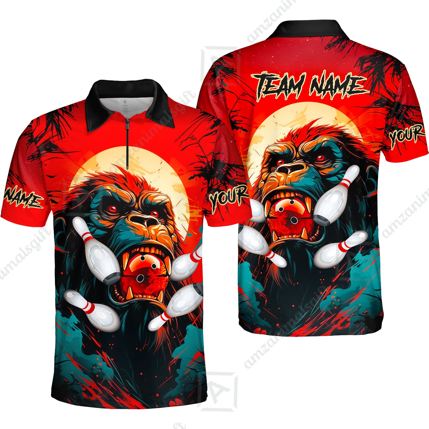 Custom Bowling Team Jerseys Polo Shirts, Bowling uniforms Godzilla KingKong Pattern Personalized Name And Team Name